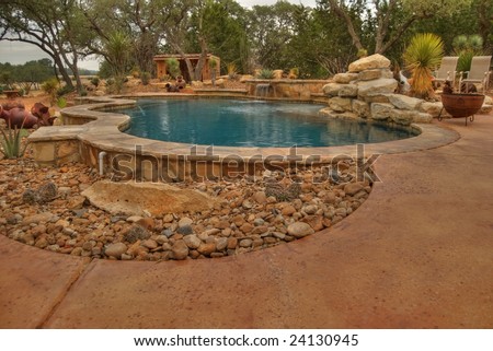 Hdr Image Of Backyard Pool In Arid Landscape Setting. Bright Blue ...