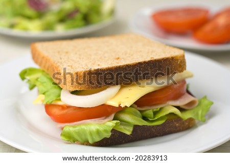 stock photo : A delicious and healthy sandwich turkey ham cheese lettuce 