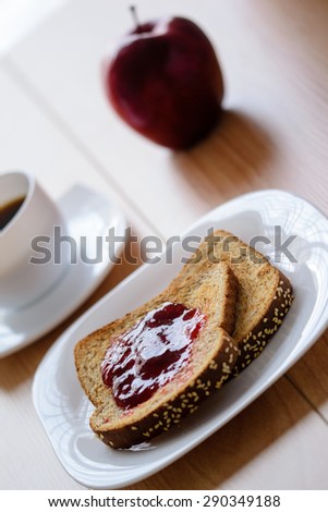 Coffee and Slices of bread with jam