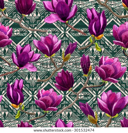 hand painted watercolor magnolia flowers illustrated textile pattern on aztec background for fabric design, gift paper wrap