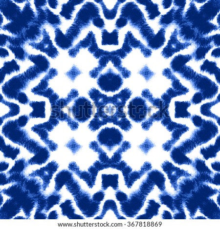 Hand painted abstract watercolor shibori seamless pattern for textile and surface design in china blue color. Ornament for swimwear