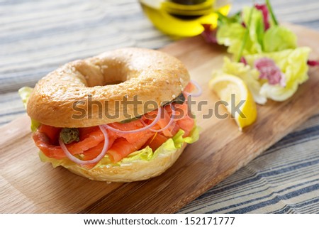 Salmon Bagel Sandwich on cutting board