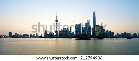 Shanghai, China - August 6, 2014: A beautiful view of Shanghai Skyline at sunrise with all the tall buildings.