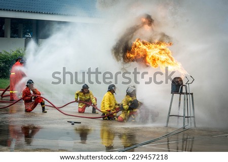 Nakorn Ratchasima, THAILAND - AUGUST 5: Province office on August 5, 2014 in Nakorn Ratchasima, Thailand. Firefighters attack a propane fire during a training exercise.