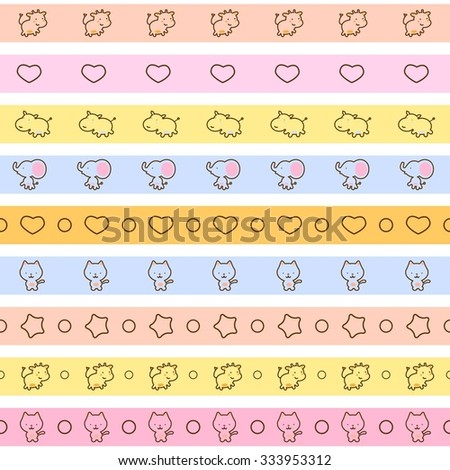 Set of seamless baby ribbons with cartoon animal, heart and star.