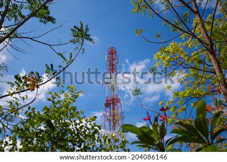 Cell tower and radio antenna in forest