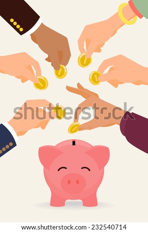 Vector modern flat illustration on multiple hands putting coins into the money box | Happy piggy bank receiving coins | Crowd funding concept illustration