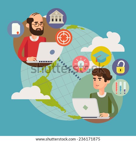 Vector modern flat concept design on web education process | Creative illustration on e-learning process with teacher and student characters using their laptops; target, achievement, graduation icons