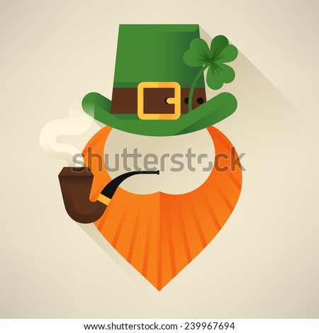 Vector modern flat design icon on Saint Patrick\'s Day character leprechaun with green hat, red beard, smoking pipe and no face
