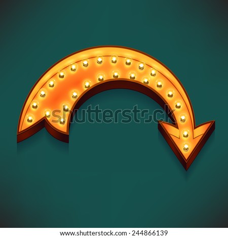 Vector realistic 3D volumetric icon on marquee symbol bend arrow lit up with electric bulbs Retro looking presentation design element rotate arrow glowing with lamps Vector realistic 3D volumetric icon on marquee symbol bend arrow lit up with electric bulbs Retro looking presentation design element rotate arrow glowing with lamps