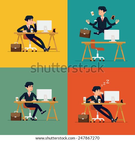 Vector modern flat character design on businessman at work | Funny office character for web sites applications business strategy marketing presentations with bored confident tired and meditating man