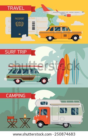 Vector modern flat horizontal web banners design on best summer vacation, beach recreation, surfing, sight seeing, camping, airline tourism for travel agency promotion and digital marketing