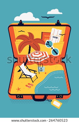 Creative colorful vector concept design on travel, seaside leisure vacation and recreation with chair on beach, palm tree, parasol sunshade, airplane boarding pass, sunglasses and more