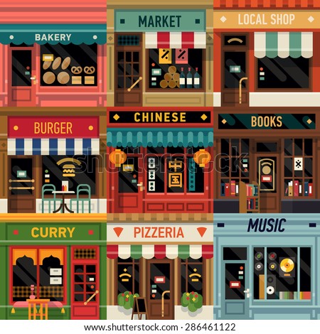 Cool set of vector detailed flat design restaurants and shops facade icons. Ideal for restaurant business web publications and graphic design