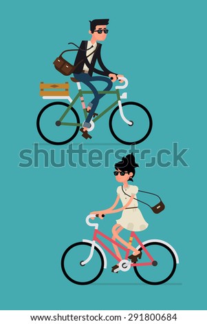 Cool vector character design on adult young man and woman riding bicycles. Stylish male and female hipsters on bicycle, side view, isolated