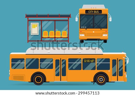 Cool modern flat design public transport items bus stop structure and city transit shorter distance bus, side and front view, isolated