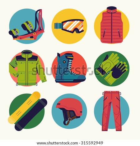 Set of cool extreme sport winter activity round icons, vector in flat design featuring boots, jacket, goggles, gloves, helmet and bindings. Ideal for snowboarding themed graphic and web design