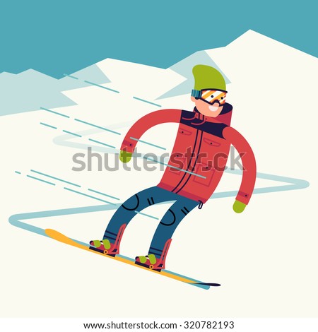 Snowboarder vector character riding on snowy mountain slope | Male winter sportsman snowboarding fast from mountain top in trendy flat design