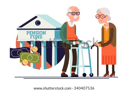 Cool vector pension fund concept illustration with elderly couple standing. Senior age man and woman standing with financial institution icon on background | Retirement financial concept illustration