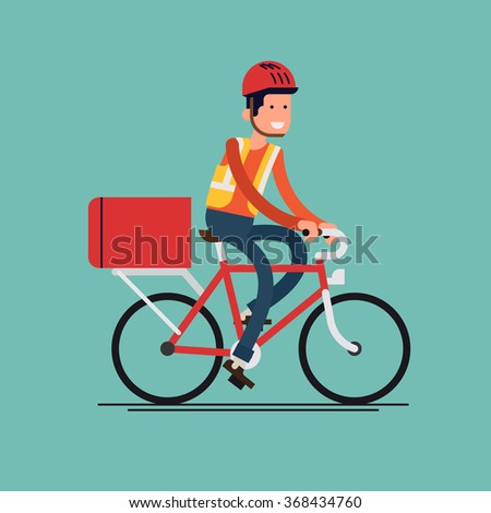 Cool male courier person character riding bicycle with delivery box. Courier bicycle delivery service. Local city multipurpose mail delivery vector icon