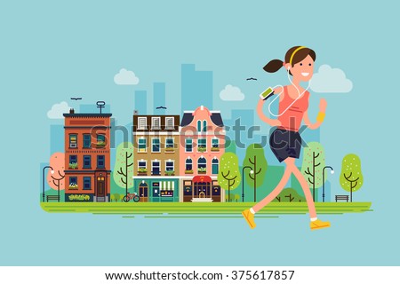 City run. Lovely vector flat design on fitness workout running woman with urban city street background | Sport friendly smiling female character running with earphones on