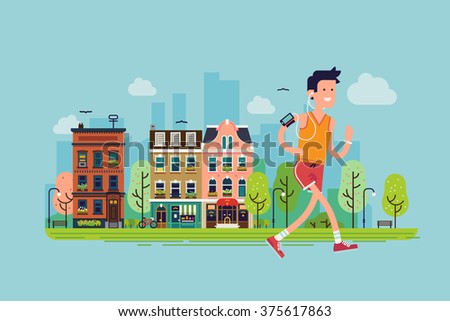 Urban fitness. Cool vector flat design on young adult man running town street | Sport fitness male character running in city setting