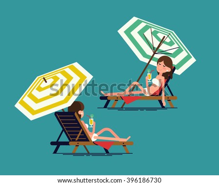 Lovely vector illustration on summer vacation beach resort adult girl enjoying sun on sunlounger or deckchair with parasol umbrella. Woman lying on deckchair with cocktail, front, rear view, isolated