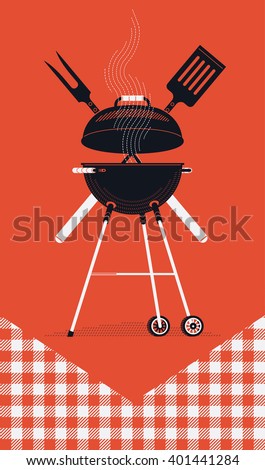 Cool vector barbecue party background with copy space. Barbecue cookout event. Spring or summer barbecue weekend celebration poster template with red checkered tablecloth, cooking grill, paddle, fork