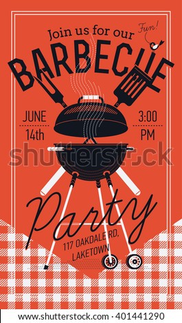 Lovely vector flyer or poster template on barbecue party. Barbecue cookout event. Spring or summer barbecue weekend celebration poster with red checkered tablecloth, cooking grill, paddle and fork