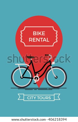 Cool vector poster or banner template on city bike hire rental tours for tourists and city visitors. Travel and tourism concept background with bicycle and location pin
