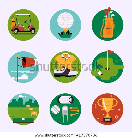 Golf sport club recreation vector web icons set. Golf course resort items, accessories. Golf cart, ball, bag, weather condition, clothes, championship, driving range, tees, divot tool and more