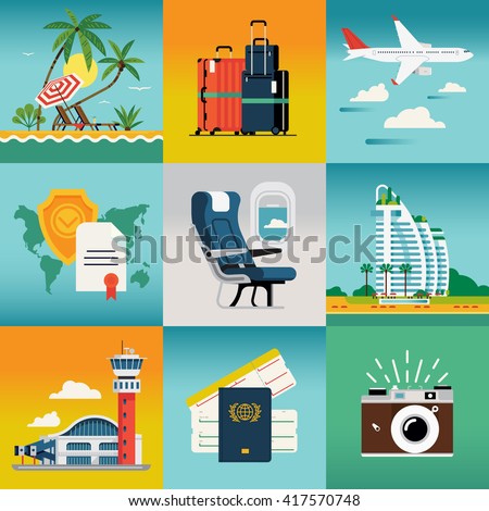 Travel summer trip destination and beach resort hotel square concept illustrations with palm beach, jet liner flight, travel insurance, luggage, airport, hotel, cabin seat, camera
