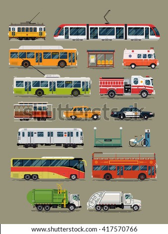 Large vector set of public, service and emergency city transport vehicles. Mass transit and special urban transport icons. Taxi, police car, ambulance, tramway car, subway, cable car, garbage truck
