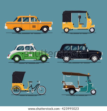 Cool vector set of world taxi cars and vehicles with yellow cab, hackney carriage, tuk-tuk, velotaxi, baby taxi auto rickshaw and more