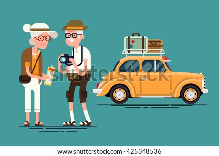 Cool vector flat character design on senior age travelers with vintage old car with luggage on top. Retired tourists couple ready to their road trip. Grandparents having summer holidays trip