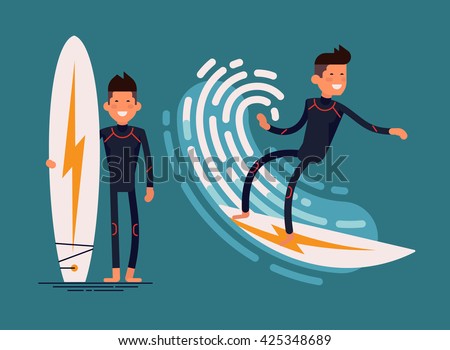 Cool vector surfer character in wetsuit with surfboard standing and riding on ocean wave. Recreational beach water sport flat design character on surfing. Man on surfing vacation. Surf travel