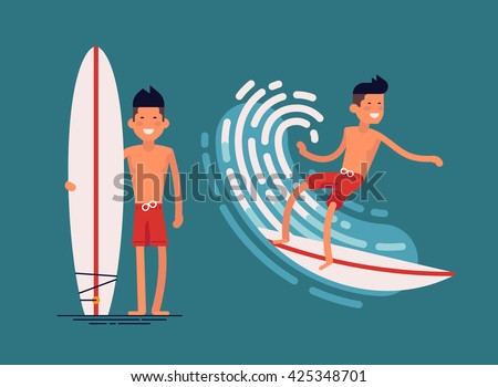 Cool vector surfer character in surf trunks with surfboard standing and riding on ocean wave. Recreational beach water sport flat design character on surfing. Man on surfing vacation. Surf travel