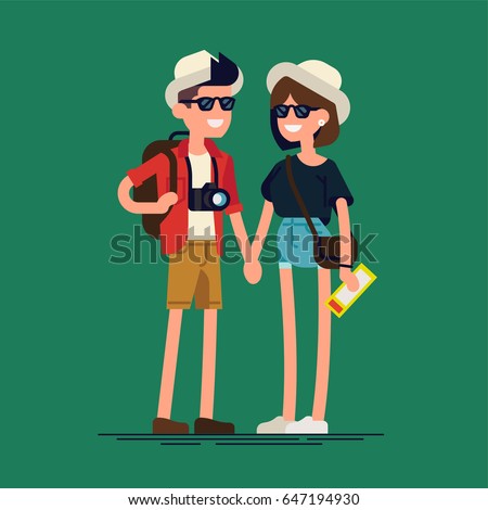 Cool vector flat character design on young adult couple of travelers. Boy and girl traveling together. Heterosexual couple standing holding hands wearing casual clothes, same hats