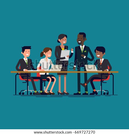Cool vector flat illustration on business meeting. Group of company strategy conference characters sitting and standing behind large desk. Diverse business team members having a discussion