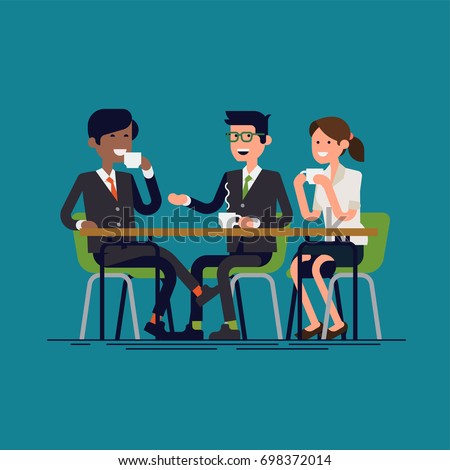Businessmen having coffee break vector concept illustration in flat design. Business people or colleagues sitting together and drinking coffee or tea having nice chat. Informal table conversation