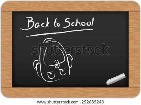 Chalkboard/ Slate wooden frame and Back to school Text and school bag.