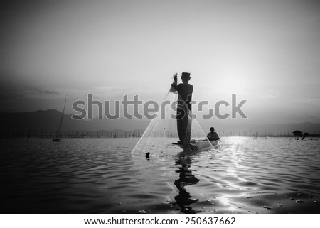 throwing fishing silhouette tone black&white