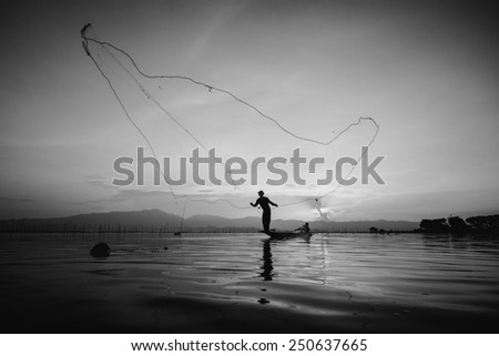 throwing fishing silhouette tone black&white