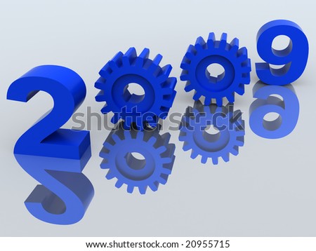 Figures of coming new year where zero are replaced with gears on  metallic mirror