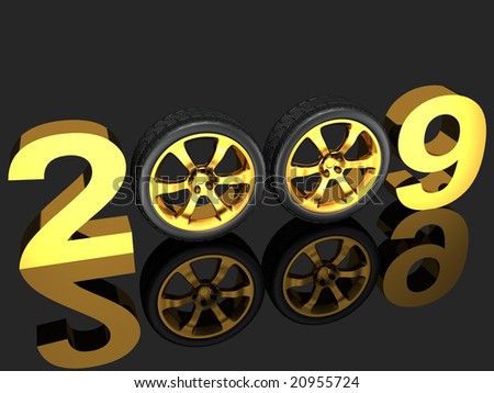 Figures of coming new year where zero are replaced with automobile wheels on dark mirror