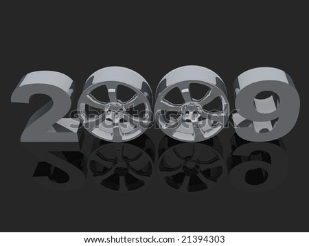 Figures of coming new year where zero are replaced with automobile rims on dark mirror