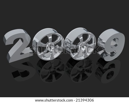 Figures of coming new year where zero are replaced with automobile rims on dark mirror