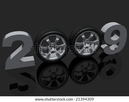 Figures of coming new year where zero are replaced with automobile wheels on dark mirror