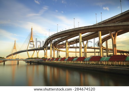 Bhumibol Bridge in Thailand, also known as the Industrial Ring Road Bridge, in Thailand. The bridge crosses the Chao Phraya River twice in the blue sky