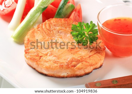 Pan seared fish patty and sweet chili sauce